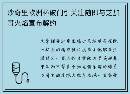 沙奇里欧洲杯破门引关注随即与芝加哥火焰宣布解约