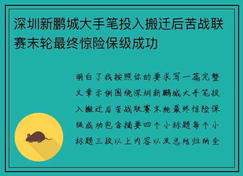 深圳新鹏城大手笔投入搬迁后苦战联赛末轮最终惊险保级成功